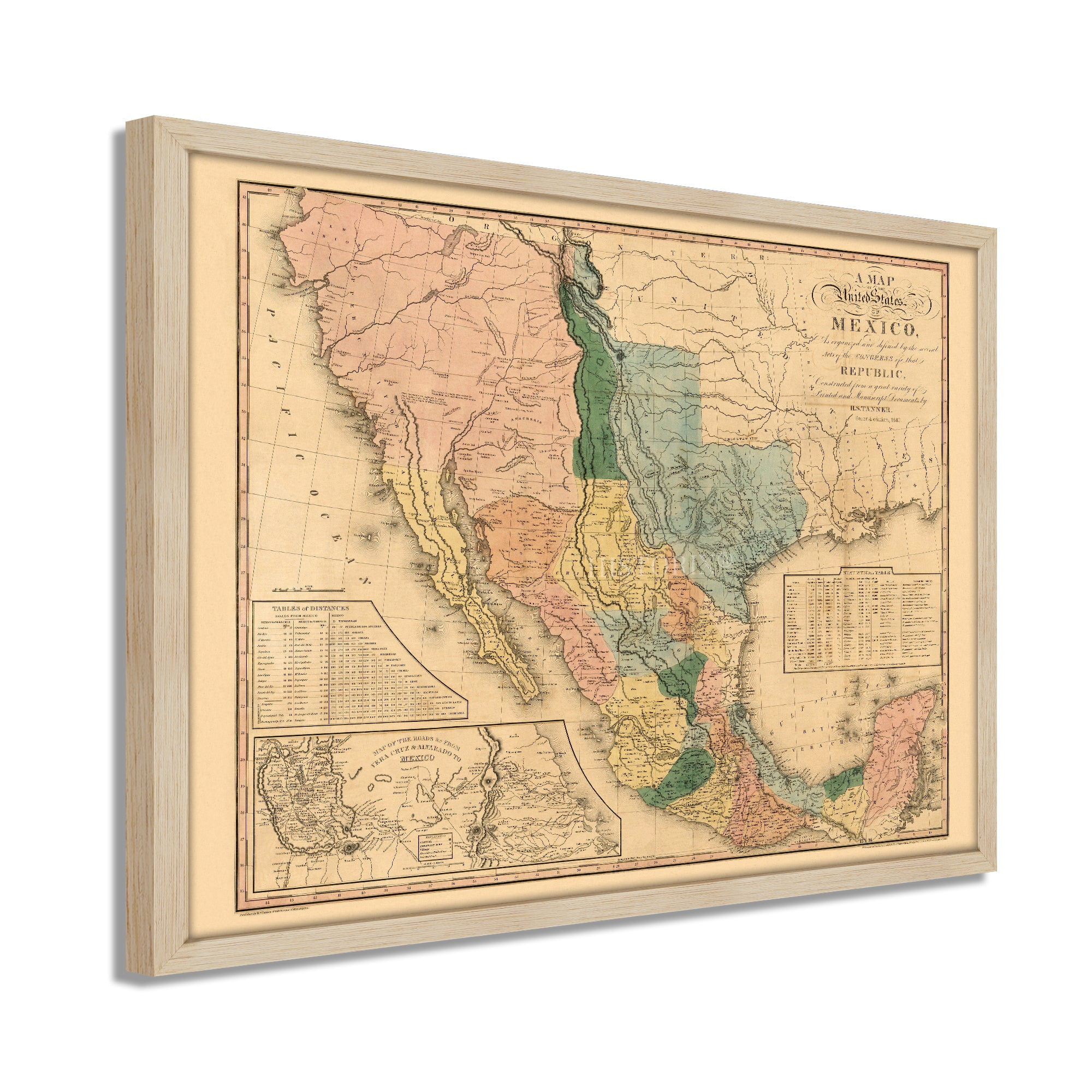 1846 Mexico Map Framed Vintage Mexico Wall Map History Map of Mexico States Old Map of