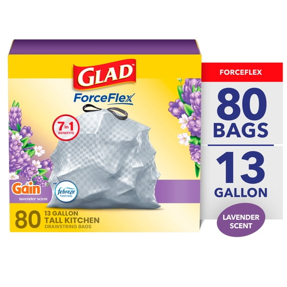Glad ForceFlex 13-Gallon Drawstring Tall Kitchen Trash Bags, Gain Lavender Scent, 80 Bags
