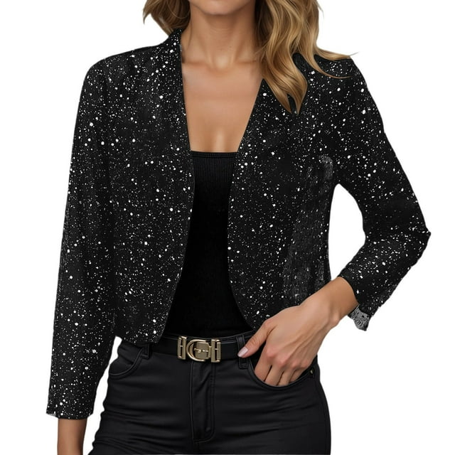 Wdgfv Veste à Paillettes pour Femmes Blazer Court Ouvert devant Léger Manches 3/4 Noir G