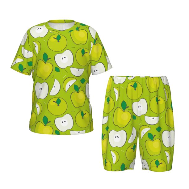 Balery Green Apple Conjunto de Pijama Infantil de Manga Corta con Estampado – Ropa de Dormir de Algodón Suave-X-Large