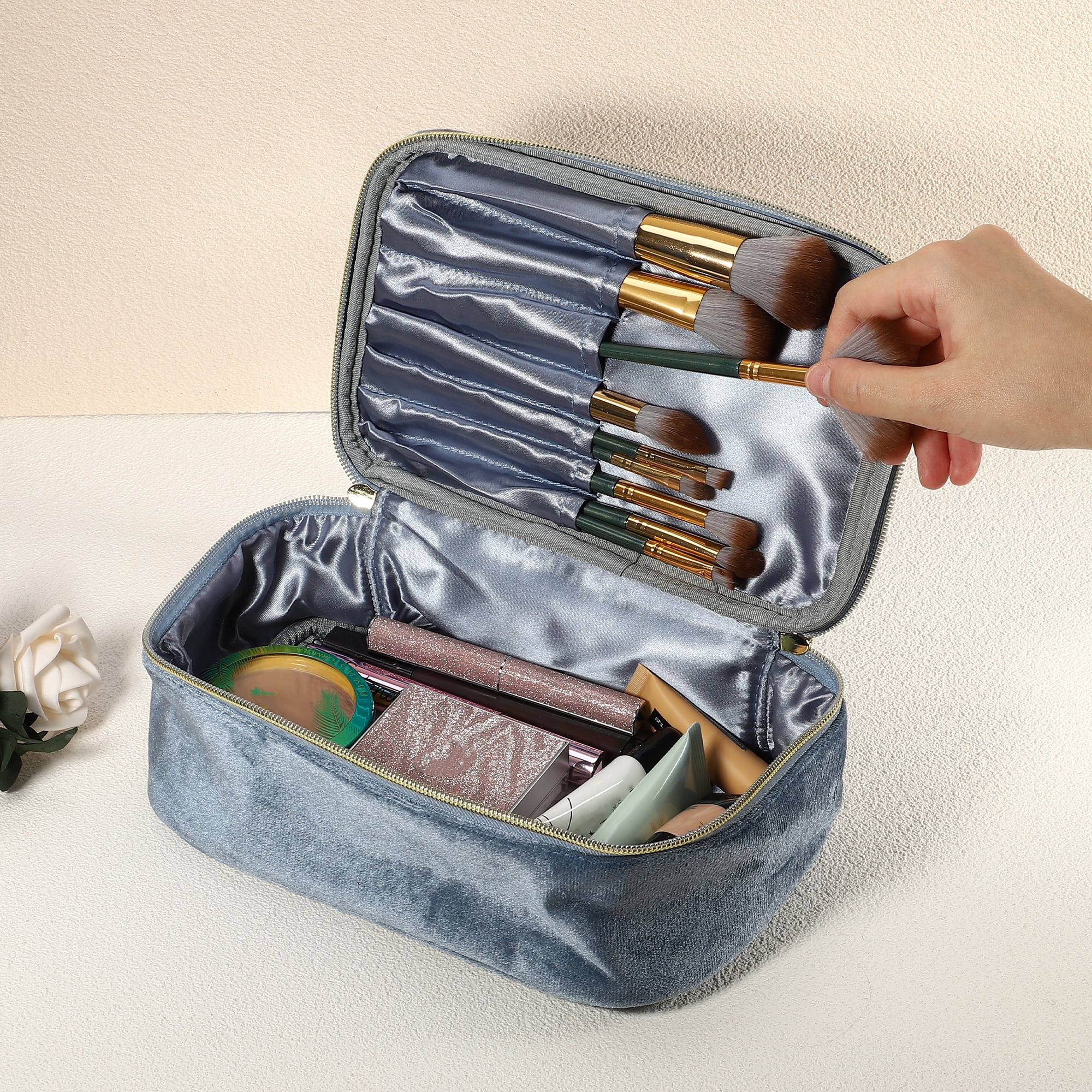 Unique Bargains 1Pc Durable Multifunctional Velvet Storage Cosmetic Bag for Women Blue