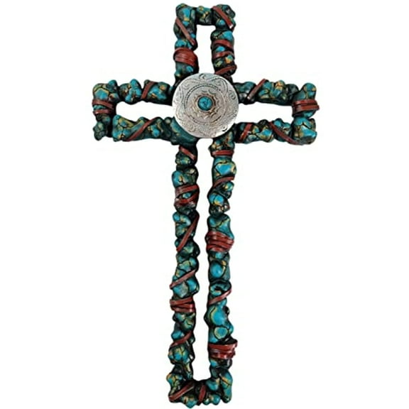 Urbalabs Western 14 Inch Wall Cross Stonelike With Hollow Frame And Steel Medallion Distressed Wall Hanging Cross Country Wall Decor Room Decoration Office Church Home (Steellike Medallion)