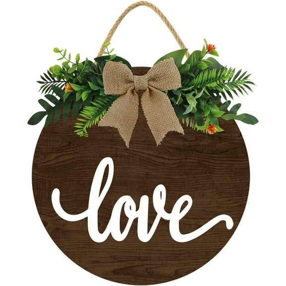 Eveokoki 12" Love Wreaths Decor Sign Front Door Round Wood Hanging Sign with Ribbon Bow and Artificial Green Leaves, Farmhouse Porch Decorations for Thanksgiving