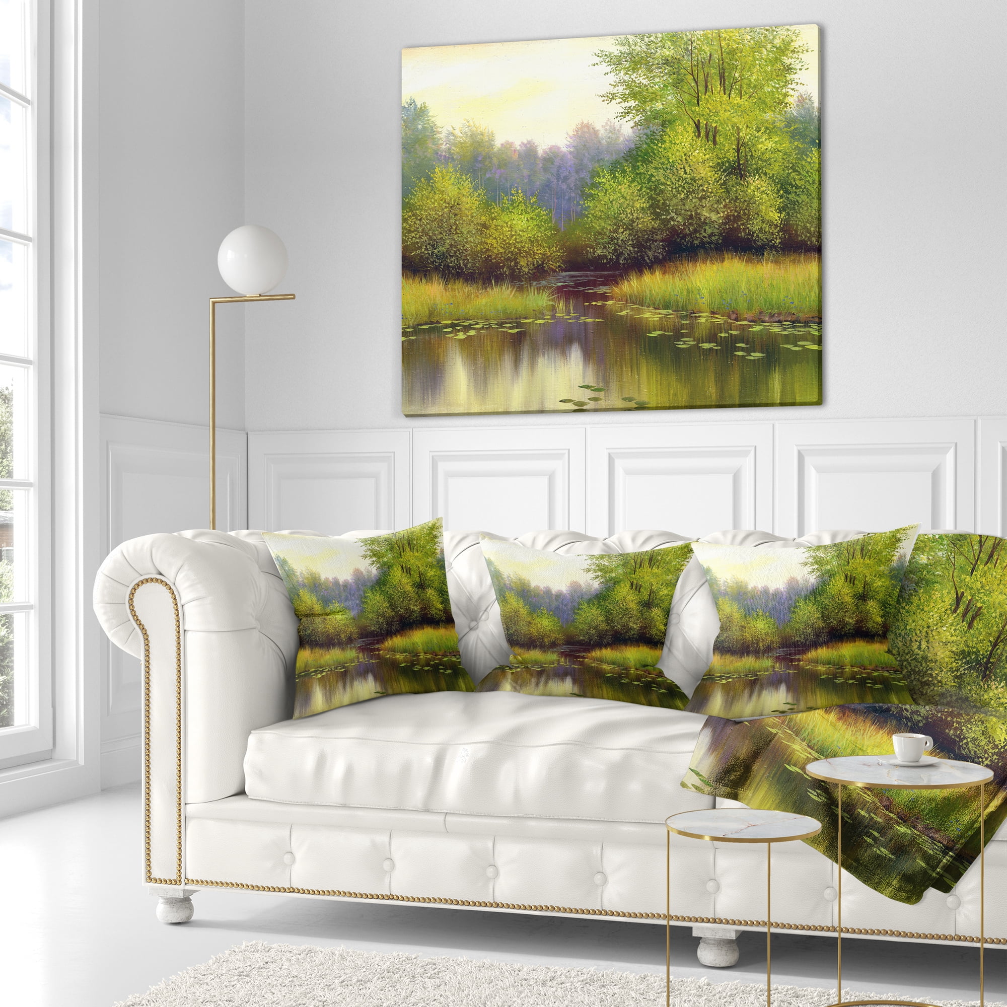 Designart Green Summer with River - Landscape Printed Throw Pillow - 18x18