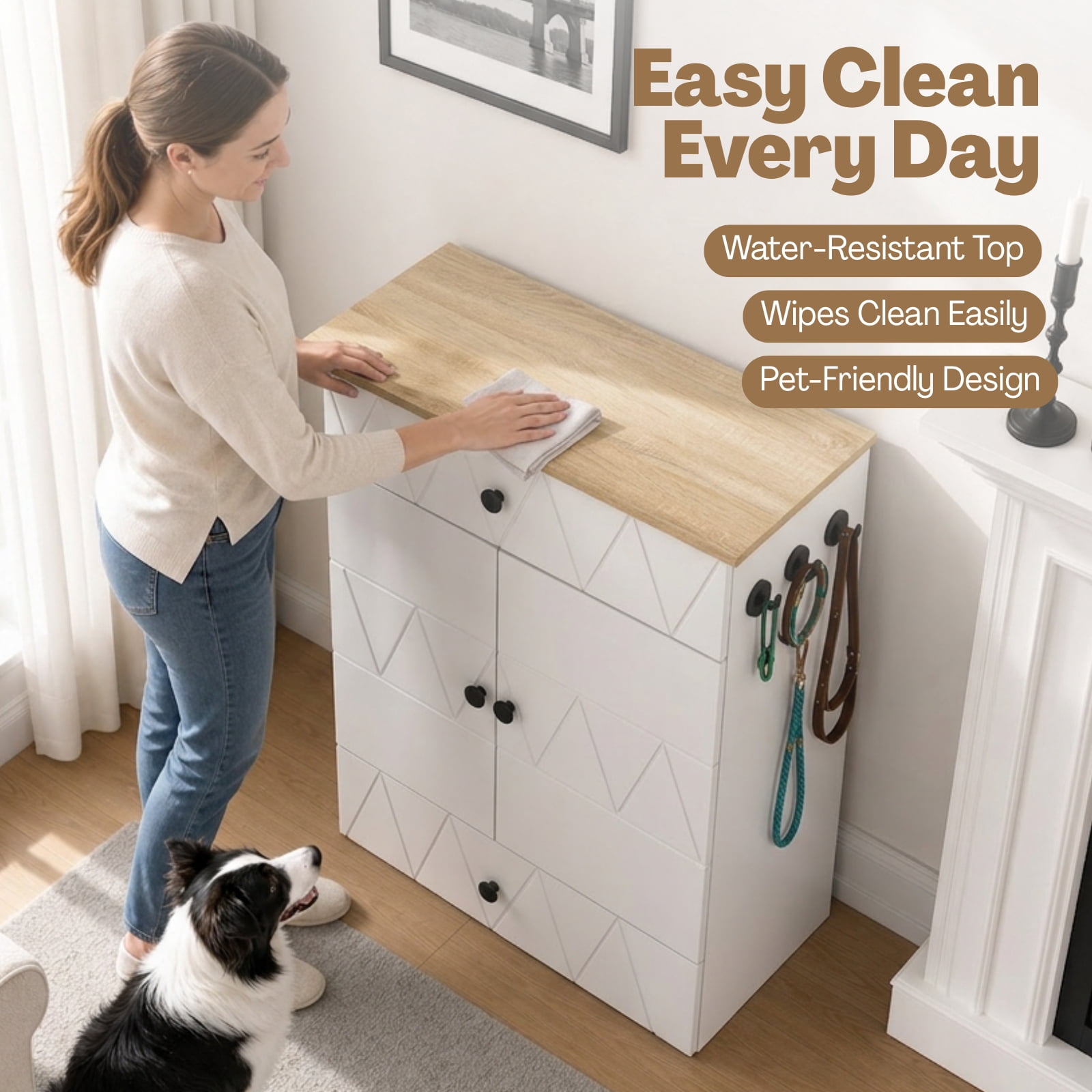 Advwin Pet Feeding Station Furniture with 2 Raised Dog Bowls, Dog & Cat Food Storage Cabinet with Drawer, Adjustable Shelves & Hooks, White