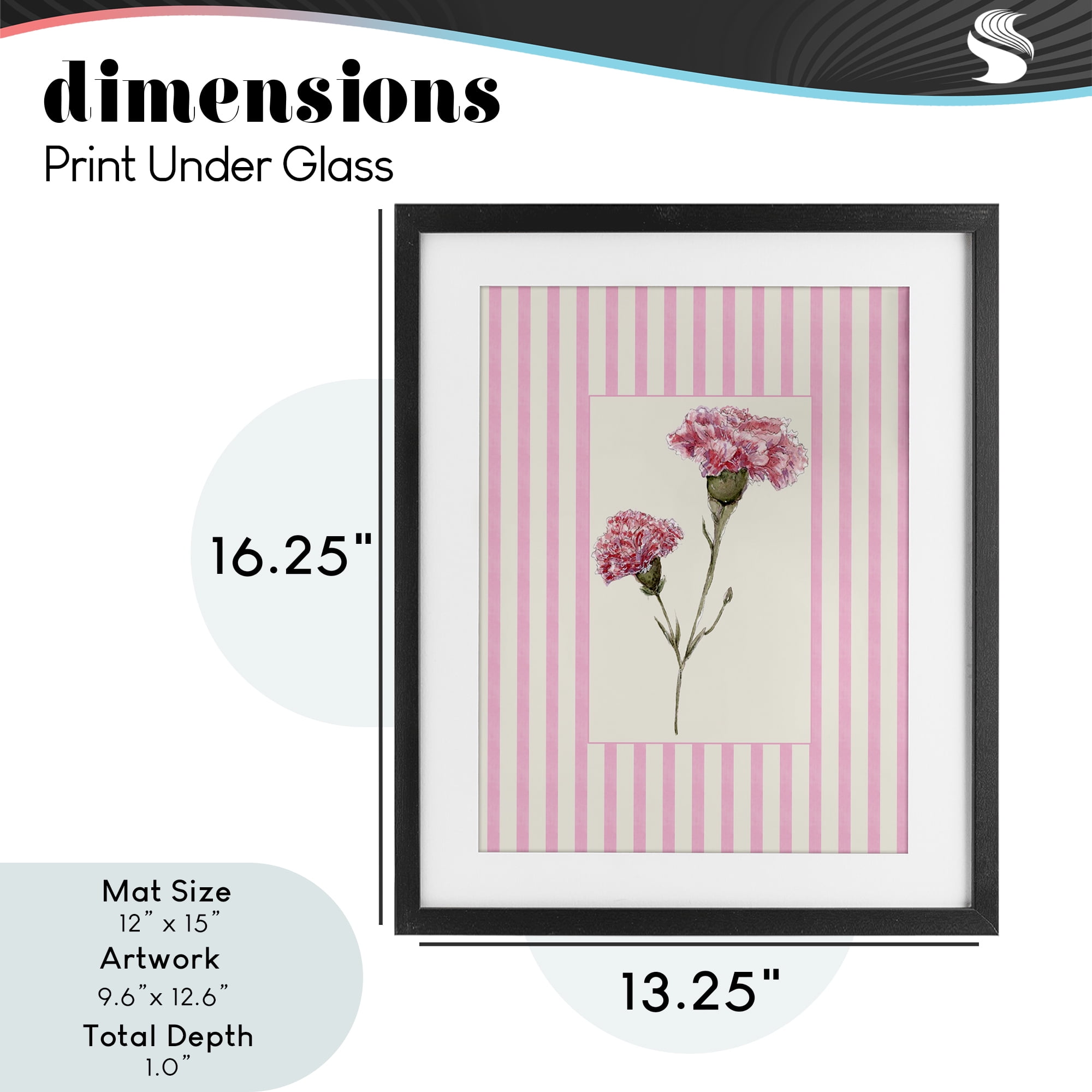 Pink Stripe Carnation Black Framed Print Under Glass, design by Lisa Wehmeyer