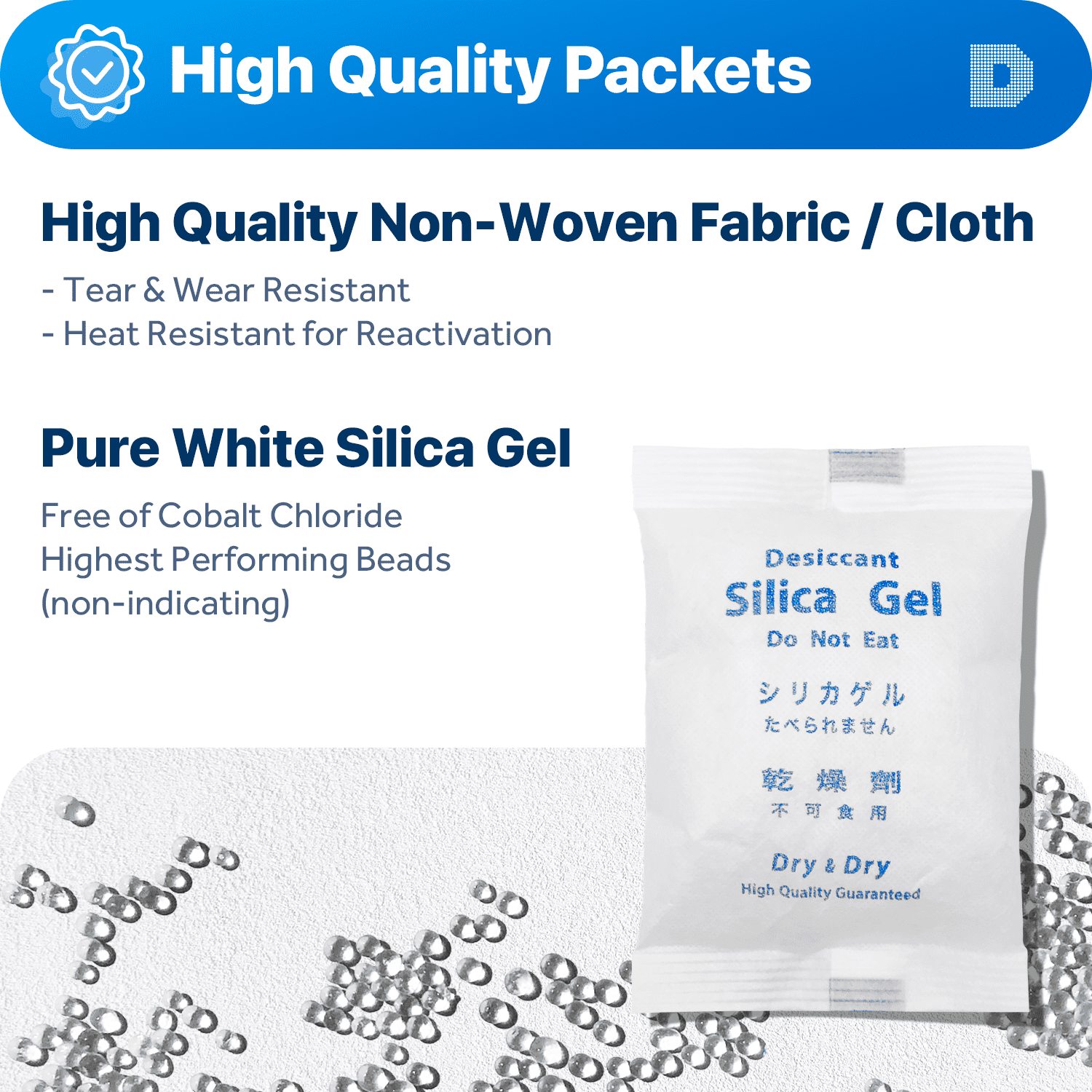200 Gram [50 Packs] "Dry & Dry" Premium Silica Gel Packets Desiccant Dehumidifiers - Rechargeable Fabric