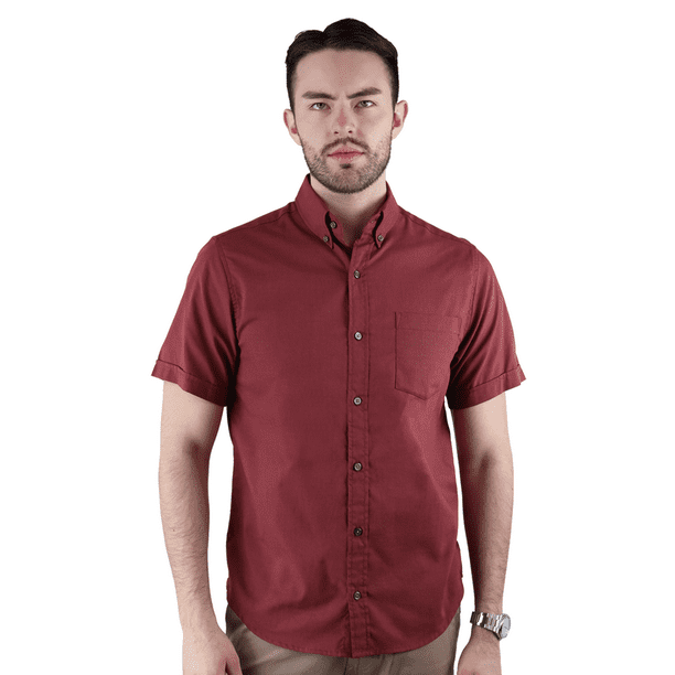 Camisa Manga Corta Rojo Vino De Algodón Corte Regular Para Caballero