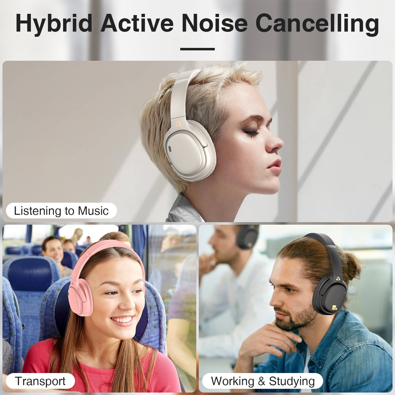 Ankbit E700 Noise Cancelling Headphones with LDAC, Wireless Bluetooth 5.1 Over Ear Headphones with Microphone, 60H Playtime, Pink