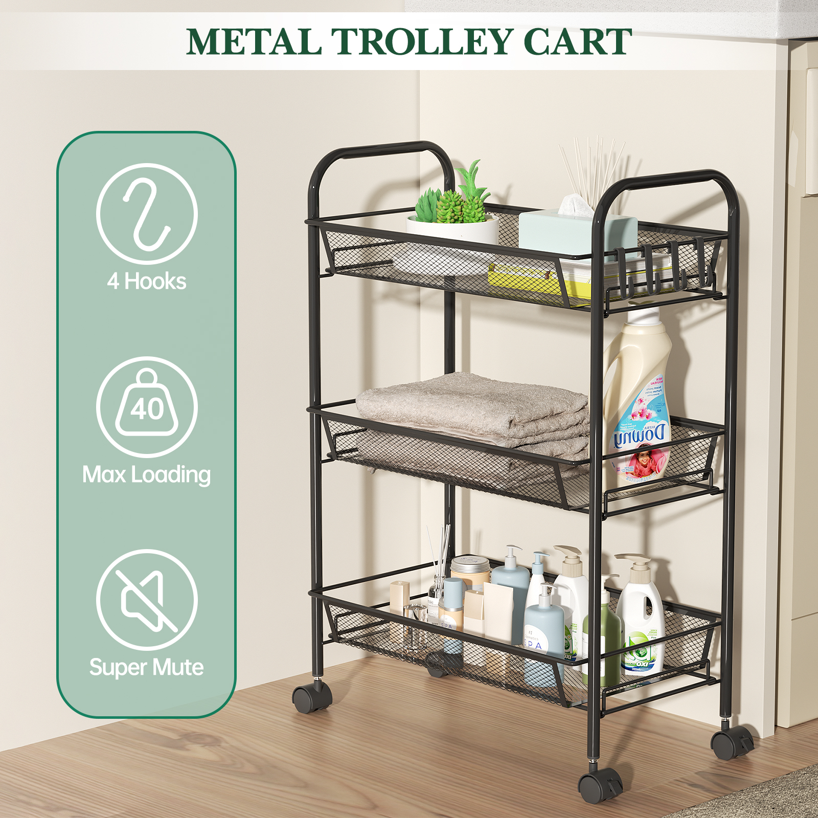 3-Tier Metal Slim Rolling Storage Cart, Bathroom Storage Organizer Rolling Utility/ Mobile Shelving Unit Slide Out Mesh Storage Cart for Office, Bathroom, Kitchen, Laundry Room & Narrow Places, Black