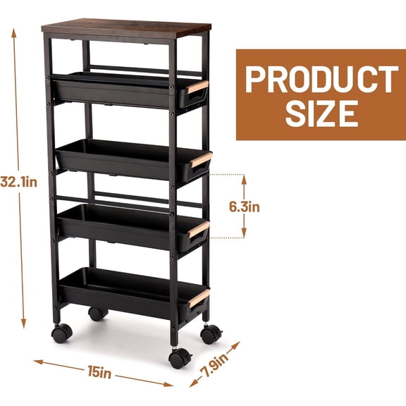 Slim Storage Cart, 5-Tier Narrow Rolling Kitchen Laundry Room Cart with Drawer and Wheels, Metal Utility Cart Slide Out Organizer for Small Spaces (Black)