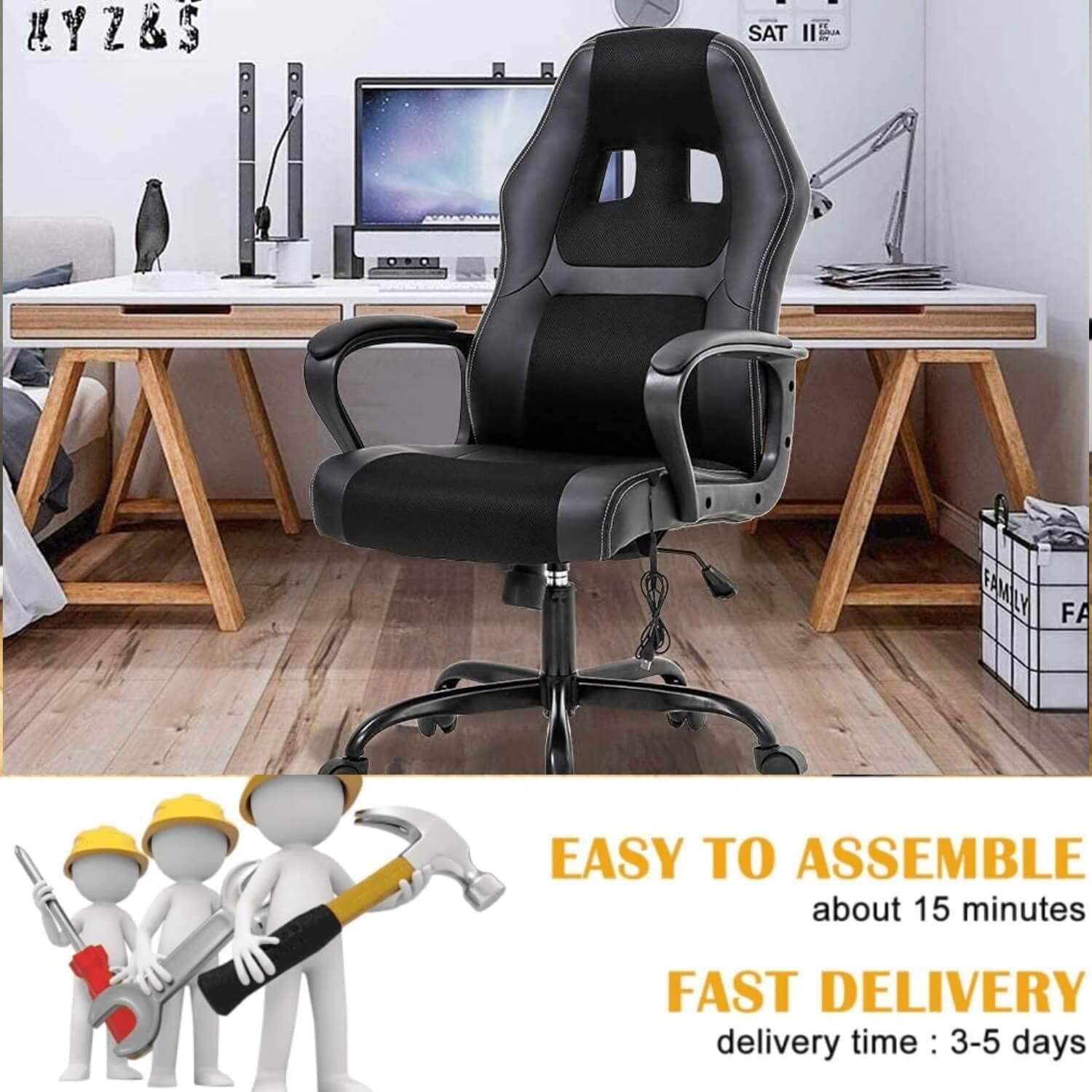 Dkelincs Gaming Chair Massage Computer Chair Ergonomic Video Game Chairs, Adjustable Office Desk Chair with Lumbar Support & Armrest for Teens & Children, Black