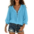 thumbnail image 2 of V Neck Blouses for Women Boho Ruffle Flowy Trendy Lace Up 3/4 Sleeve Tops Elegant Casual Loose Fit Vacation Tunic Shirts, 2 of 7