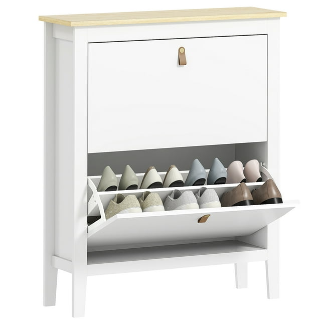 HOMCOM Armoire à Chaussures avec 2 Tiroirs Basculants, Armoire de Rangement pour Chaussures Étroite, Blanc