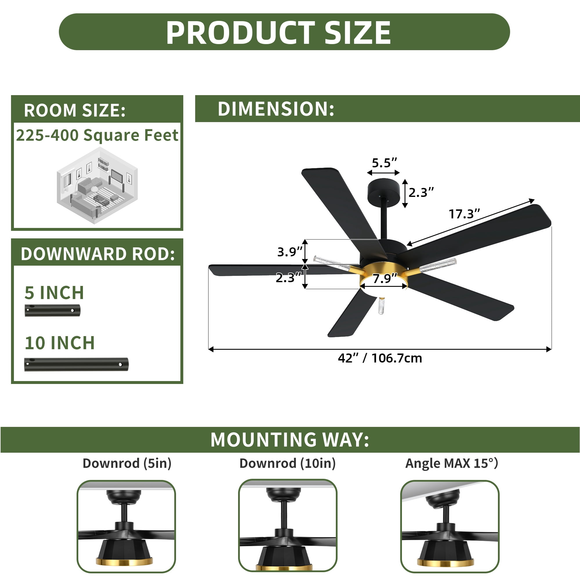 Uforic 42-inch Modern Black and Gold Ceiling Fan with Lights and Remote Control,5 Blades with Crystal Rod Design