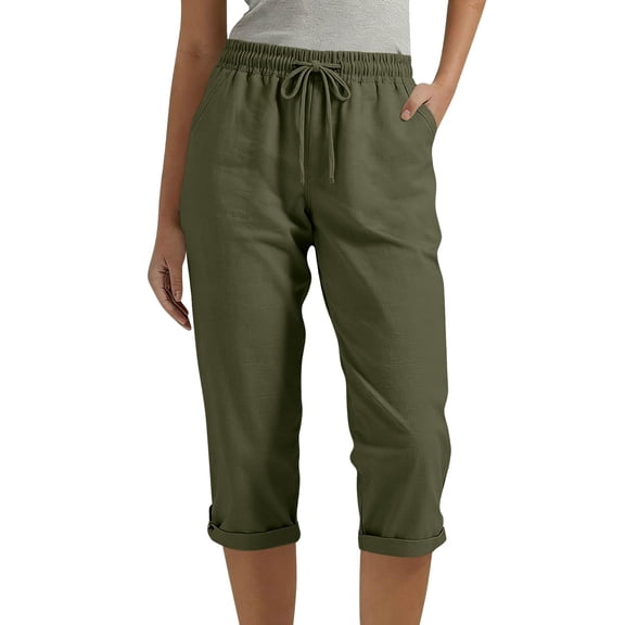 cocolona Womens Summer Solid Color Linen Capri Pants Casual Loose Elastic Waist Drawstring Cropped Pants with Pocket