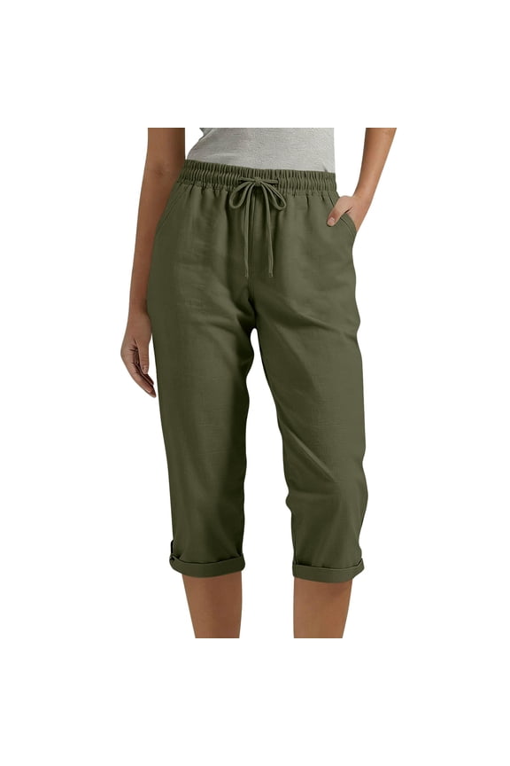 Women's Capri Pants All Season drawstring waist cotton linen cotton solid color with pockets durable Green M