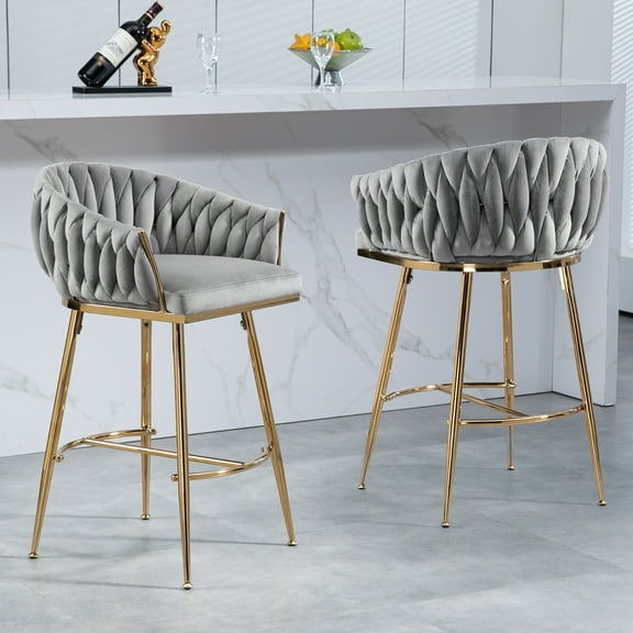 Set of 2 26'' Velvet Counter Height Bar Stools with Hand-Wave Back, Golden Chromed Base, and Footrest for Kitchen Island in Grey
