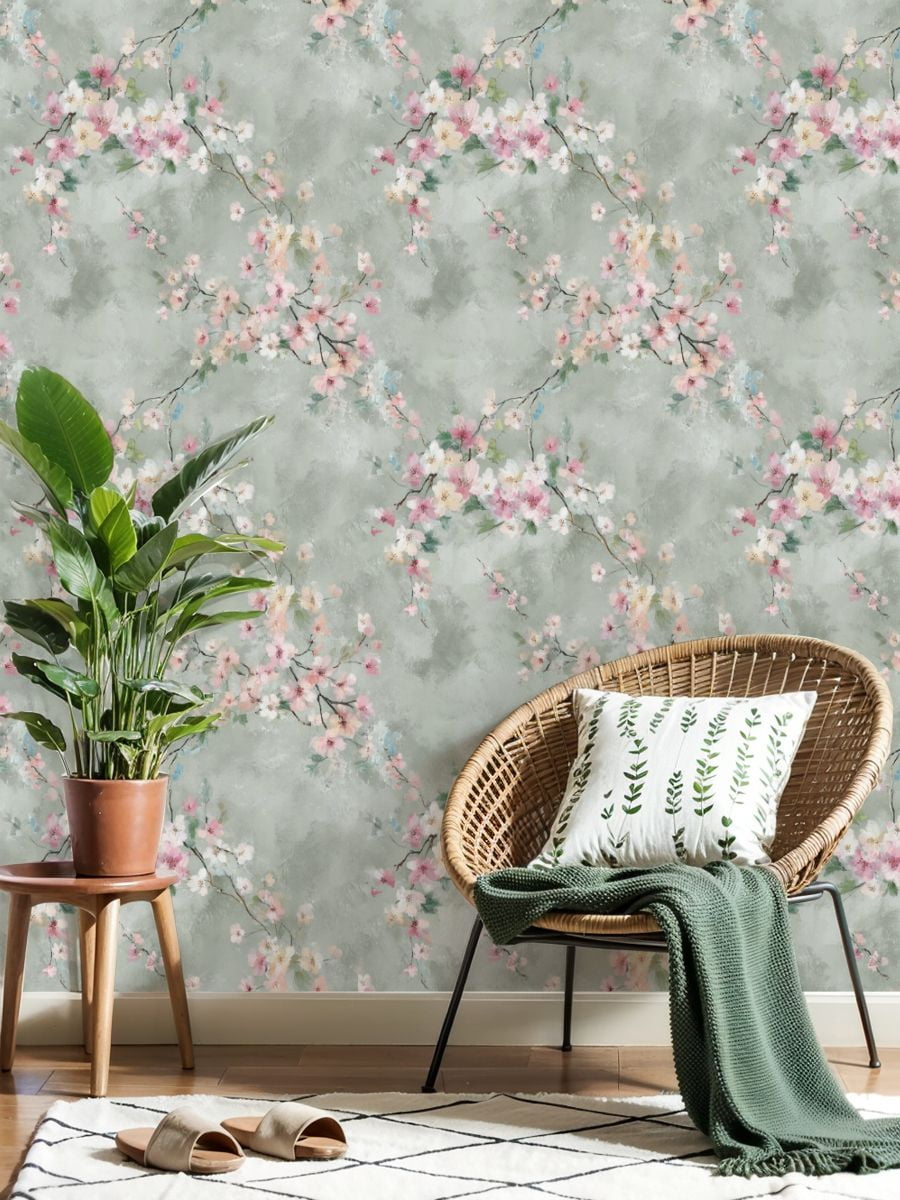 Vintage Peel and Stick Wallpaper 23.6in x 9.8ft Soft Pastel Blossom Floral Pink White Flowers Light Gray Contact Paper Vinyl Waterproof Self Adhesive Wall Paper for Bedroom Shelf Cabinet