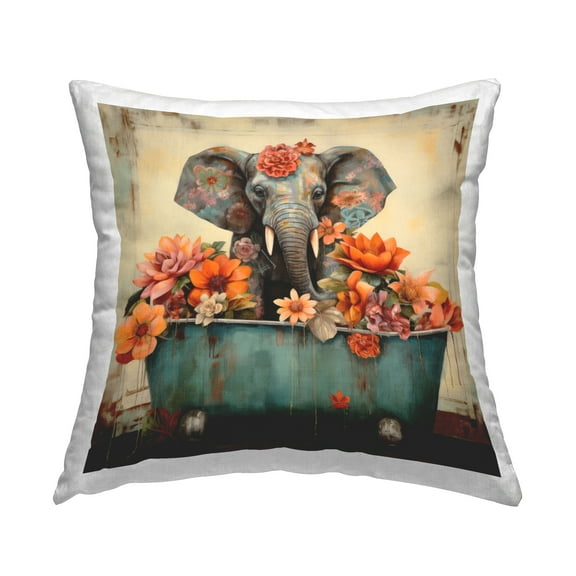 Stupell Industries Elephant Bathing Bold Florals Decorative Printed Throw Pillow, 18 x 18