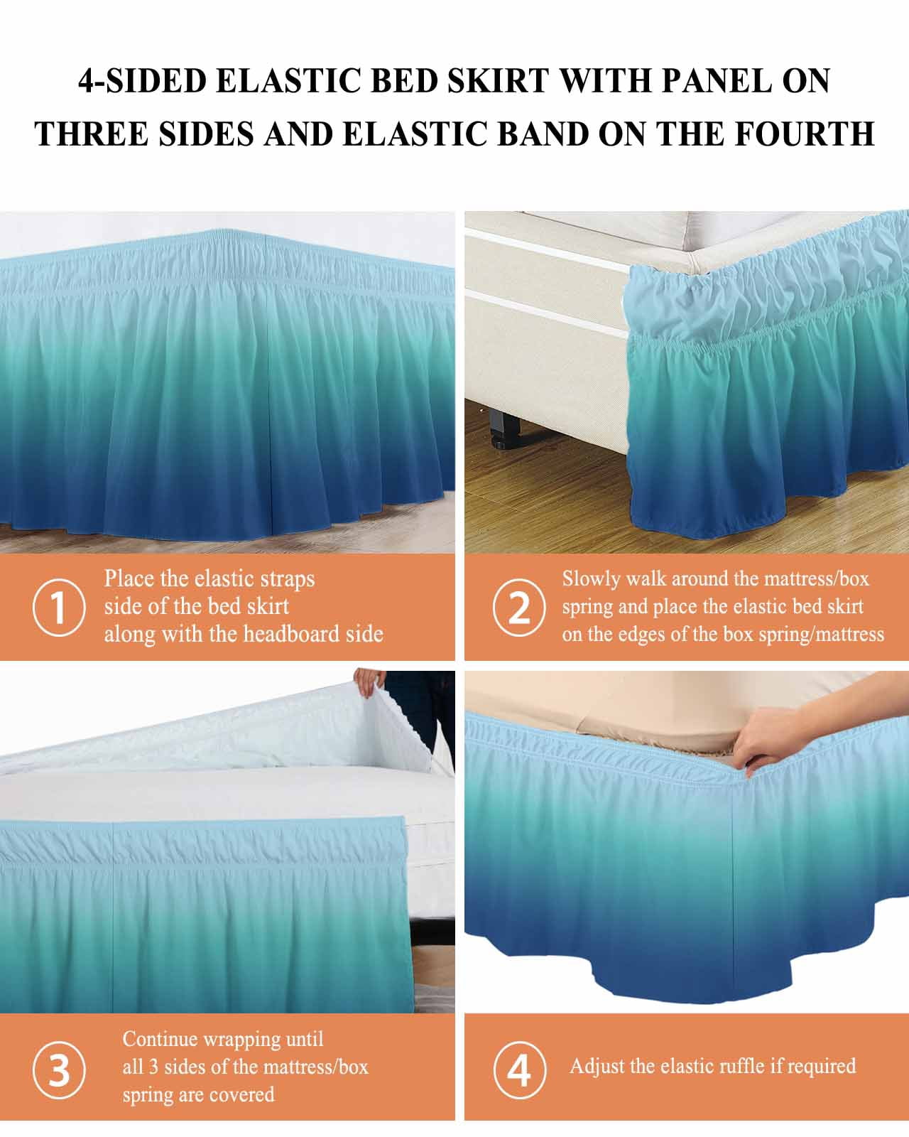 Teal Blue Ombre Bed Skirt Queen Size, Modern Abstract Art Gradient Aesthetics Wrap Around Bed Skirting with Adjustable Elastic Strap, Dust Ruffle Pleated Bedskirts 18 Inch Drop for Bedroom Queen Beds