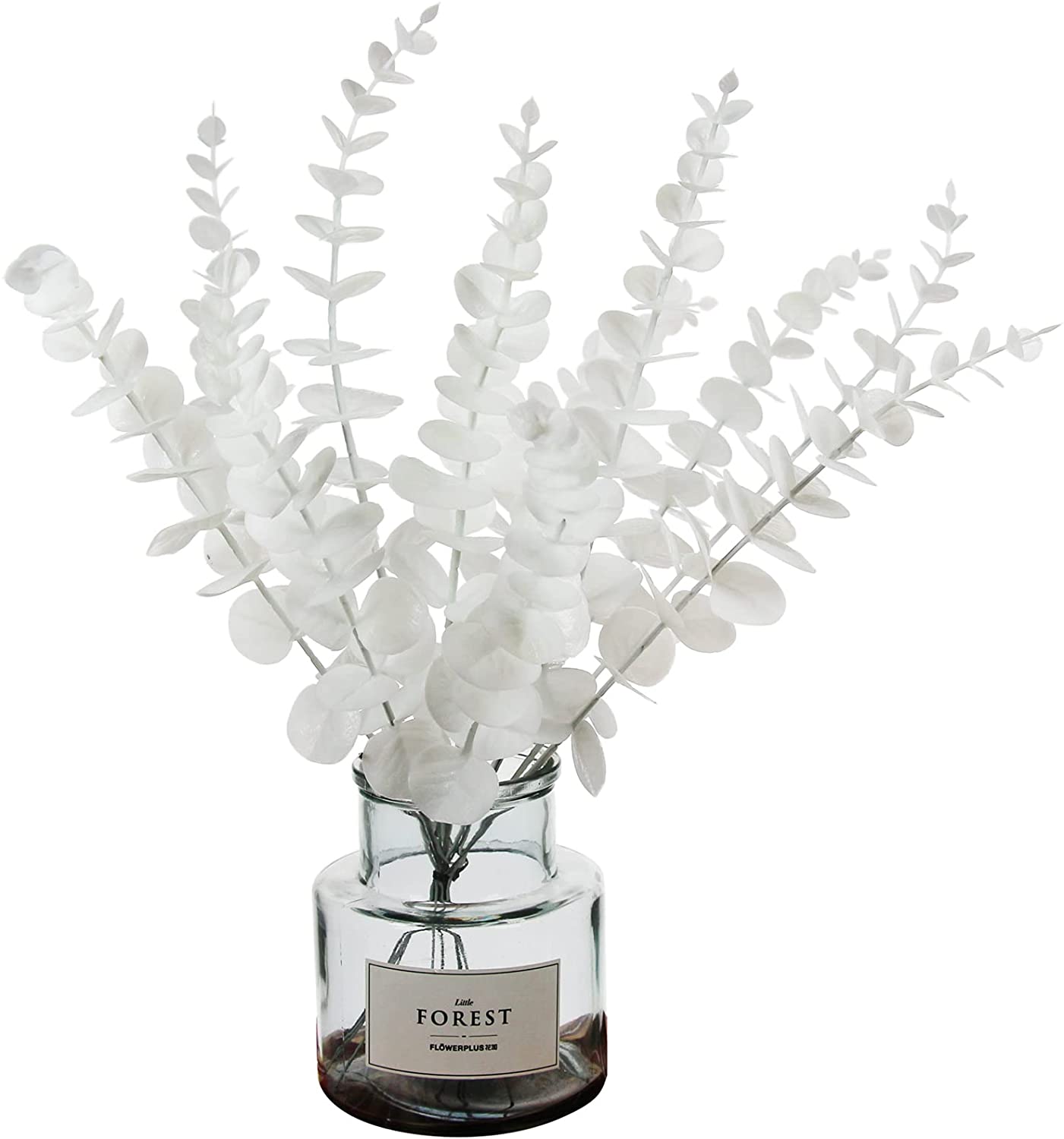 Zukuco 20PCS Artificial Eucalyptus Stem Bulk Faux Eucalyptuses Real Touch Leaf Wedding Bouquet Centerpiece Home Decor (White, 20)