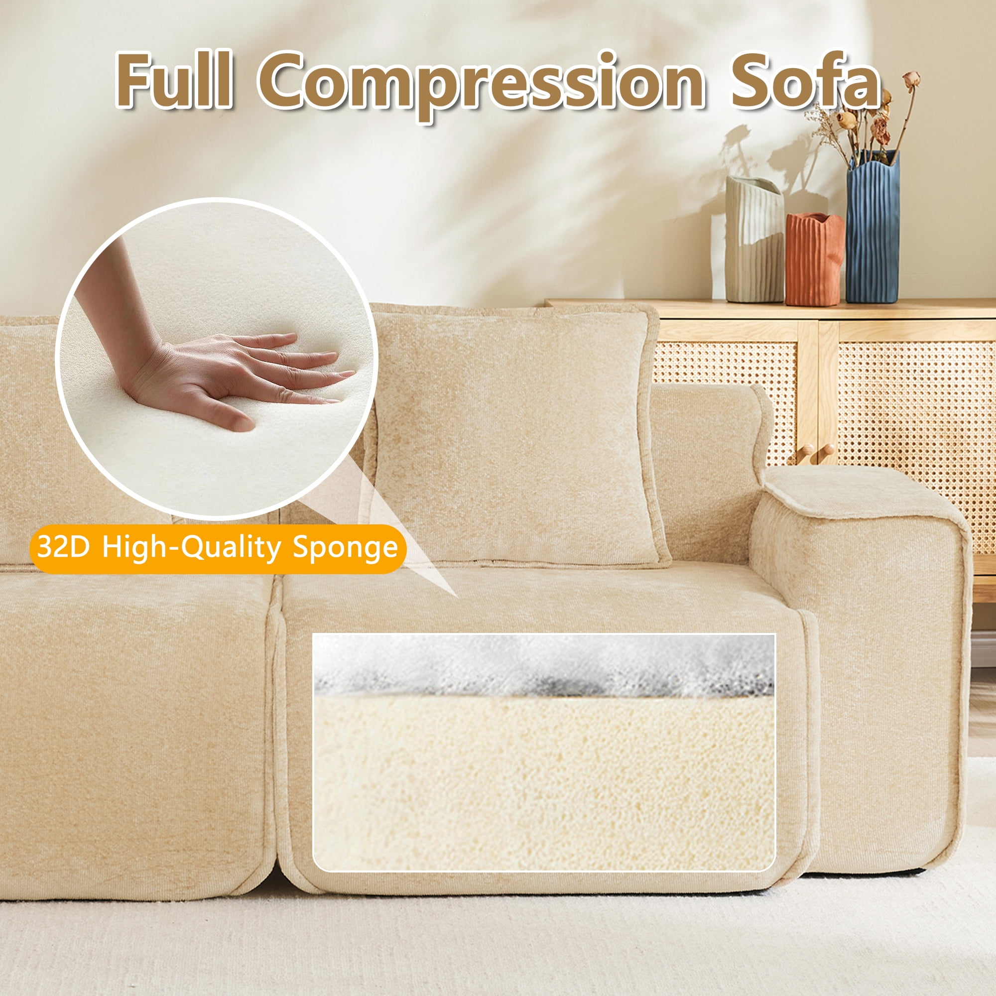 Aukfa 109" Oversized Boneless Couch Deep Seat 3 Seat Cloud Sofa for Living Room Bedroom, 3 Pillows, Velvet, Camel