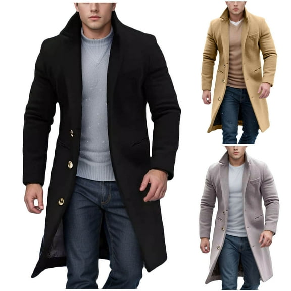 Miluxas Mens Double Breasted Trench Coat Notch Lapel Long Sleeve Casual Peacoat Mid Long Winter Classic Overcoat with Pockets Khaki