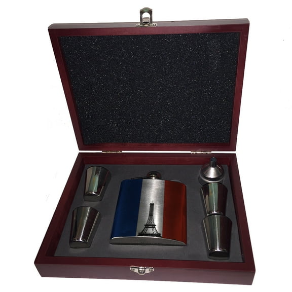 KuzmarK 6 oz. Stainless Steel Flask Set in Rose Wood Presentation Box -  French Eiffel Tower