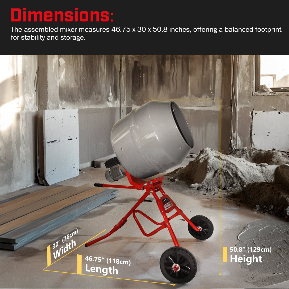 XtremepowerUS 4.6 Cubic Ft. Concrete Mixer, 1/2HP 560W Electric Cement Mixer Machine For Stucco With Wheel & Stand,Cement Mixing Tools For Mortar, Stucco & Fodder