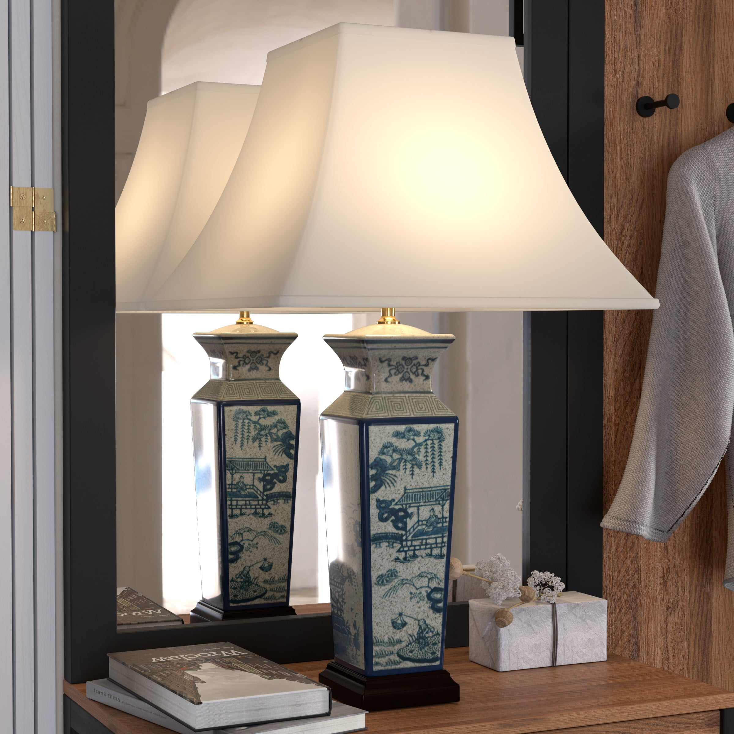 26" Antiqued Blue and White Chinese Porcelain Table Lamp with Shade - Landscape