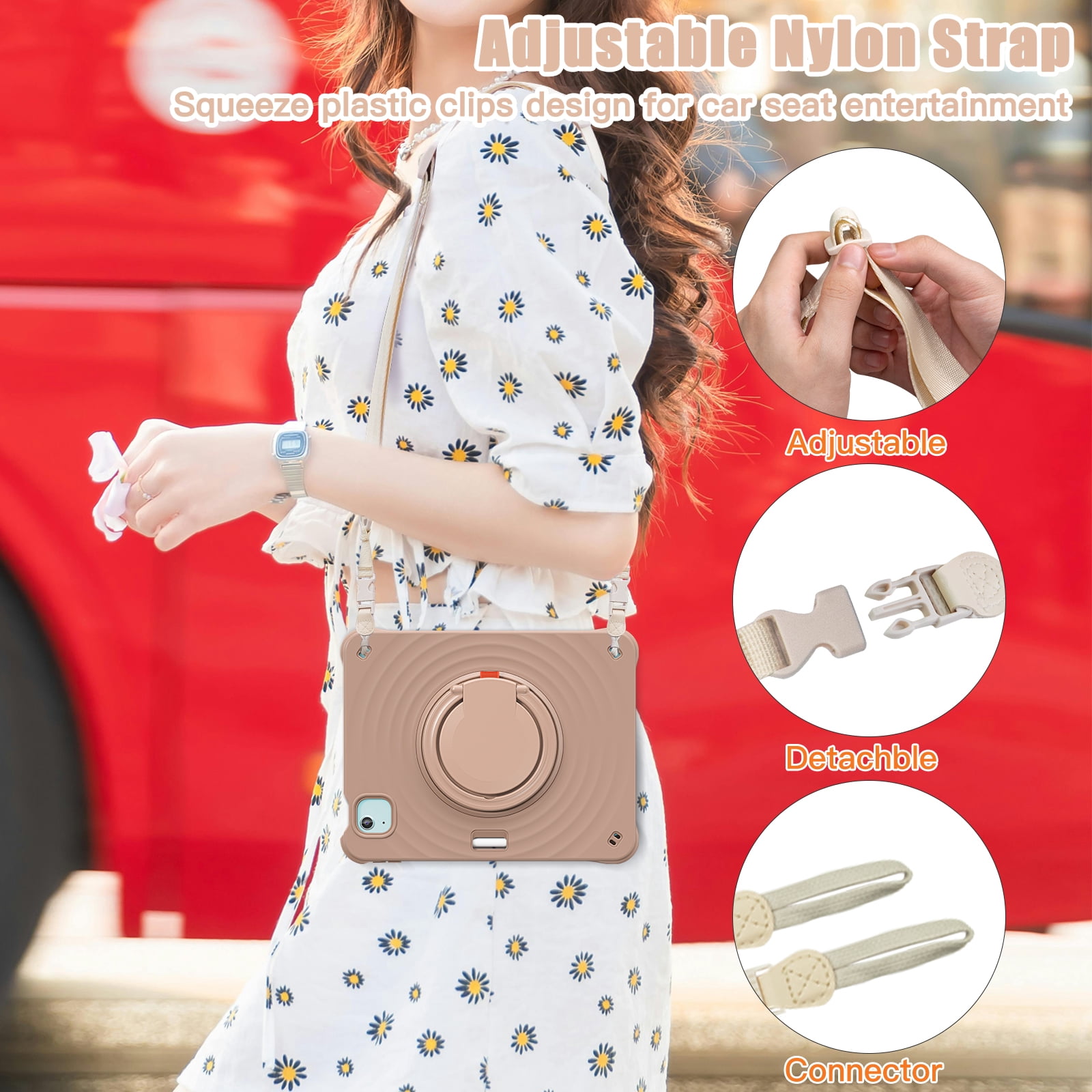 Case for Apple iPad Air 11 (2024) with Stand for Women Men, 360° Rotatable Kickstand Shoulder Strap Pencil Holder Shockproof Protective Back Cover for iPad Air 11 inch Case M2 2024, Latte