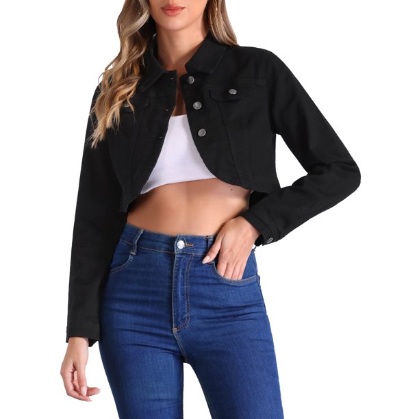 CHAQUETA DE JEANS CASUAL CHIC INSPIRE PARA MUJER CON CUELLO, BOTONES Y MANGAS LARGAS, CROP, NEGRA