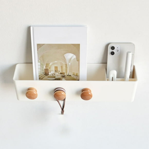COFEST Wall Storage Shelf with Hooks Remote Control Multifunctional Stand Box Sticky Bracket Bathroom Bedroom Living Room Wall Storage White