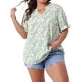 thumbnail image 1 of Blusa casual de verano para mujer de tallas grandes Agnes Orinda, con estampado floral, cuello en V con volantes y mangas cortas abullonadas, 4X verde, 1 of 8