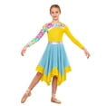 thumbnail image 1 of inlzdz Robe de Danse Imprimée pour Filles Manches Longues Bloc de Couleur Asymétrique Liturgique Église Jaune 8, 1 of 5