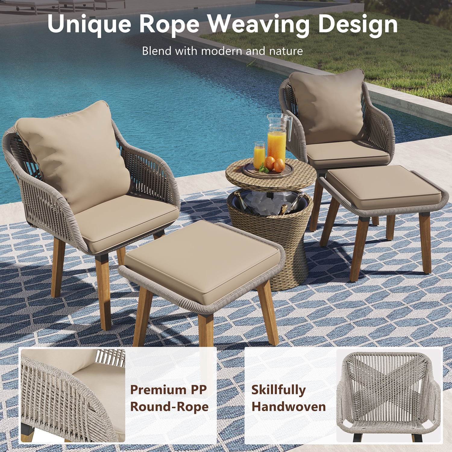 Aimee Lii All Weathe Brown 5 Piece Outdoor Patio Wicker Furniture Set, Rattan Chair and Footstool Conversation Set with Coffee Table, Brown Aimee Lii All Weathe Brown 5 Piece Outdoor Patio Wicker Furniture Set, Rattan Chair and Footstool Conversation Set with Coffee Table, Brown