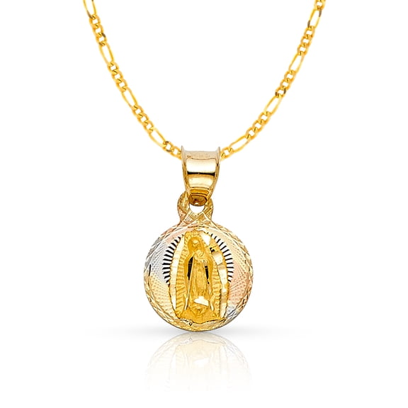 14K Tri Color Gold Diamond Cut Our Lady of Guadalupe Stamp Charm Pendant with 1.2mm Figaro 3 1 Chain Necklace