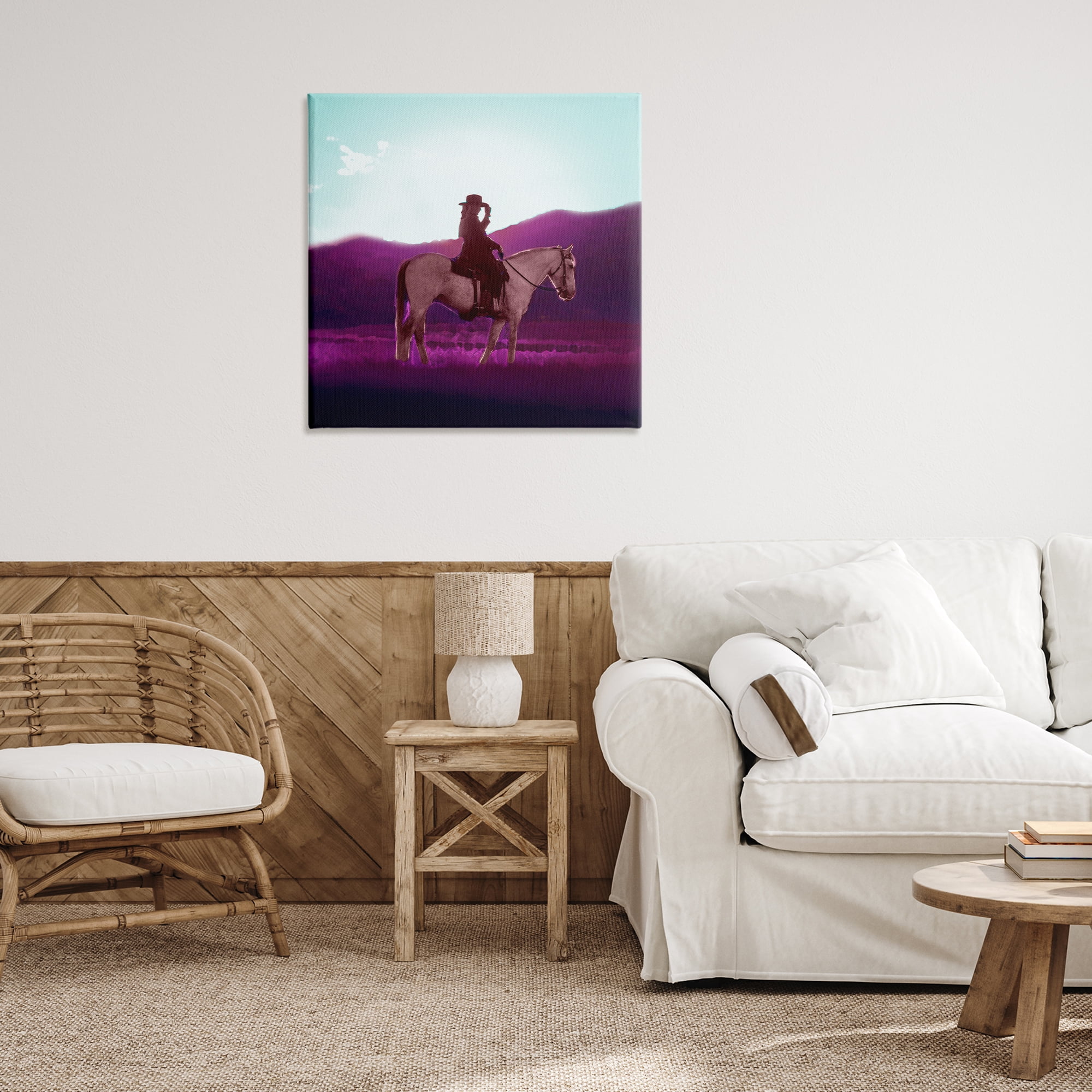 Stupell Industries Cowgirl & Purple Mountains Animals & Insects Painting Gallery Wrapped Canvas Art Print Wall Art, 30 x 30