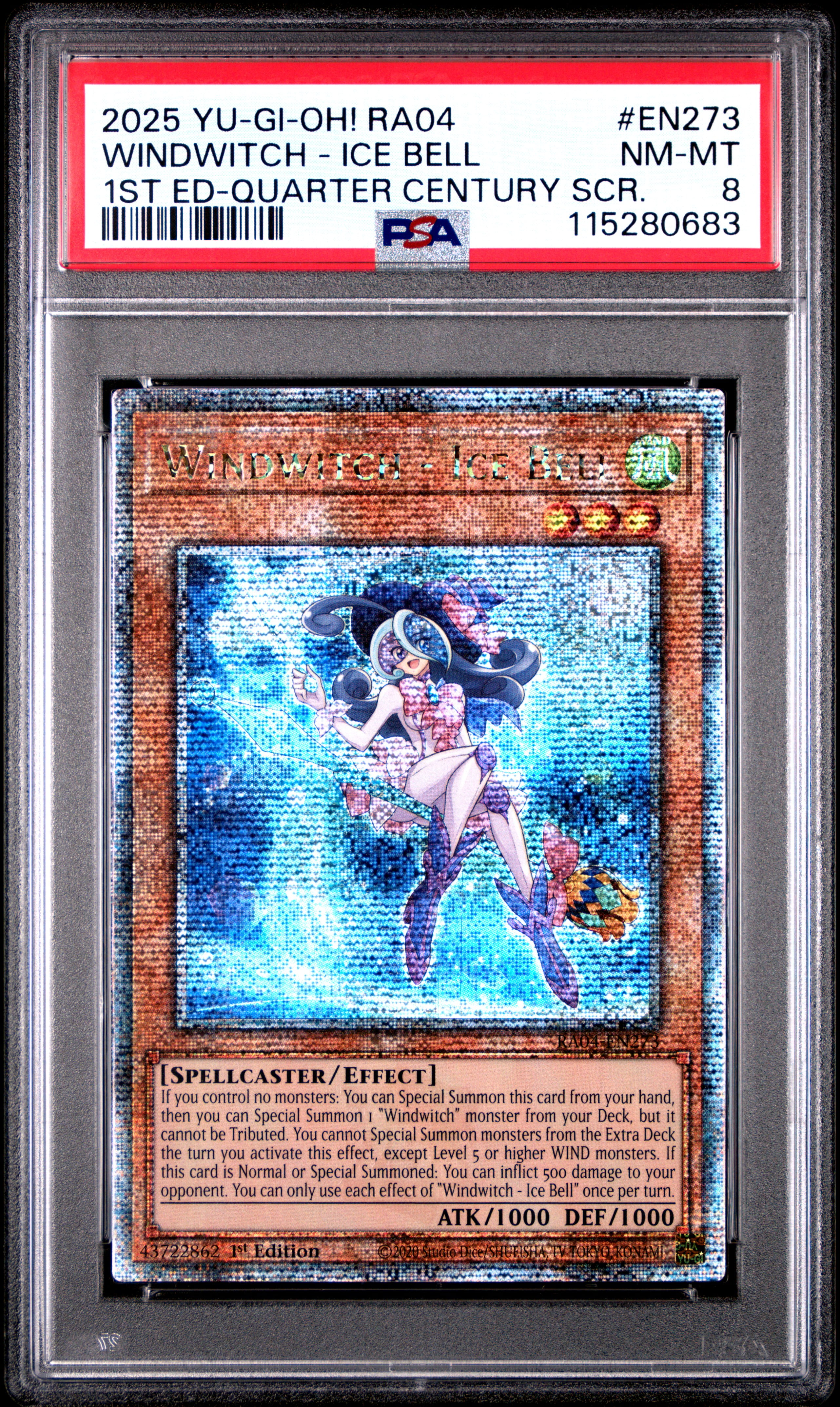 Yu Gi Oh! TCG, PSA Graded 8 NM MT, Windwitch Ice Bell 1St Ed Quarter Century Scr. #EN273, Ra04 Quarter Century Stampede, Fully Encapsulated Bundle with Compatible Yu Gi Oh! Hard Sealed Case