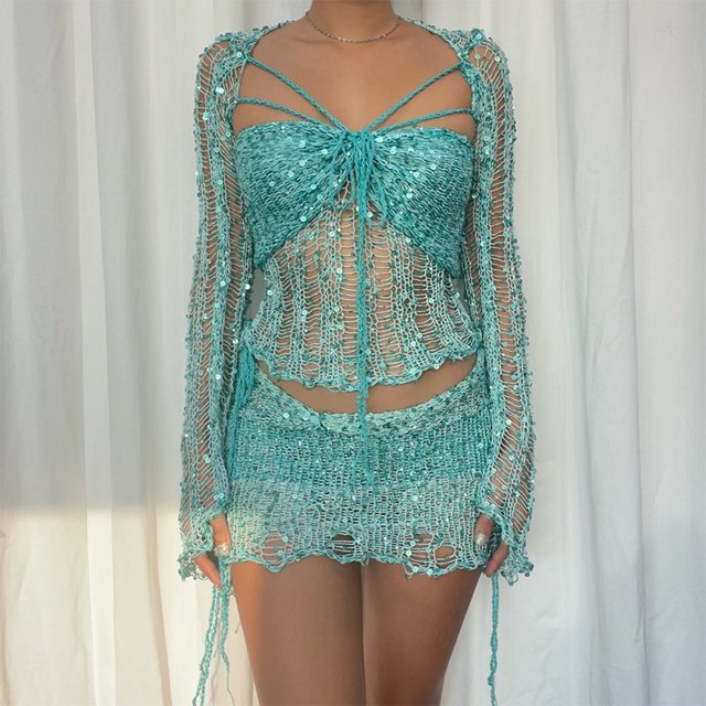 Juego De 3 Piezas De Ganchillo Sujetador de mujer Top Cardigan Mini falda Estilo Y2k con cordones Traje de playa (Azul lago S) Ygjytge para Mujer lago azul T S