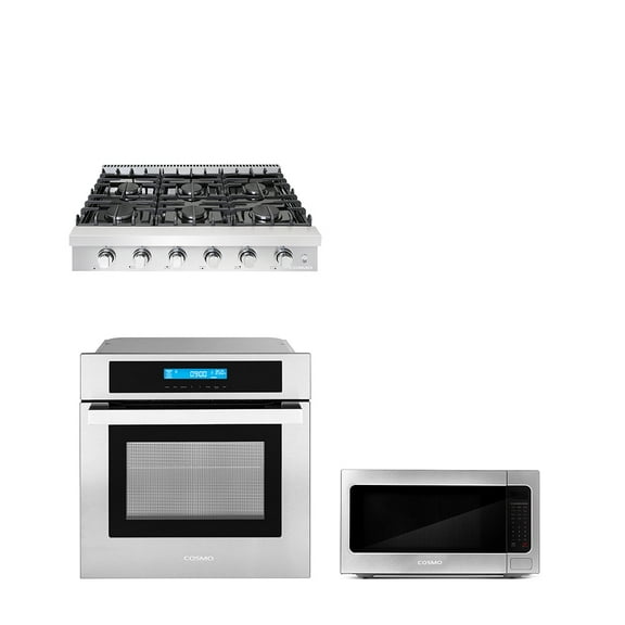 Cosmo 3 Piece Kitchen Package With 36" Slide-In Gas Cooktop 24.4" Built-In Countertop Microwave 24" Single Electric Wall Oven