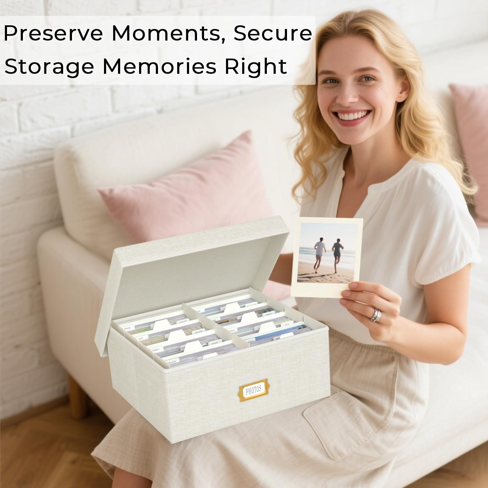 Decorative Photo Storage Box - Linen Organizer With Dividers  Fits Holds Up To 1700 Pictures And 4x6 Photos Memory Keepsake For Scrapbook Supplies Cards (beige)