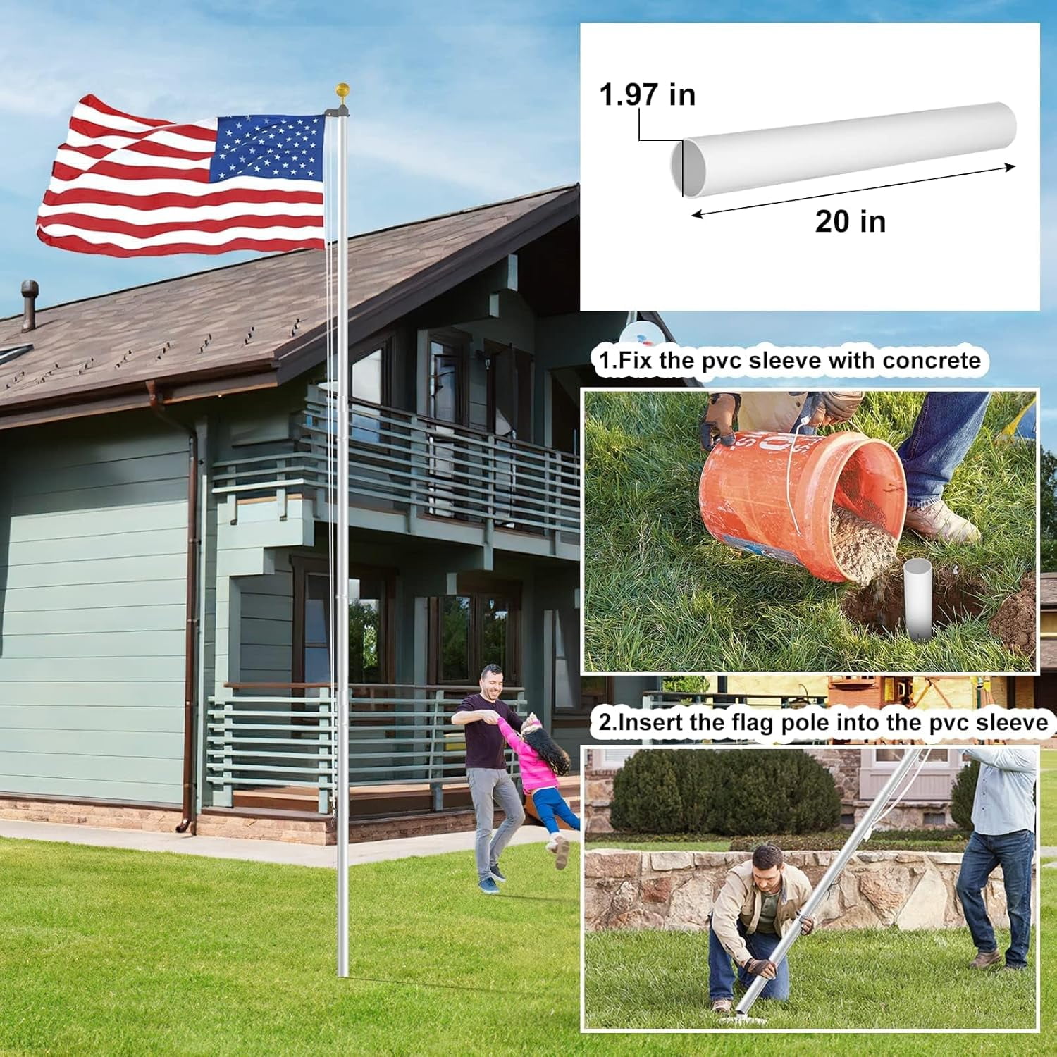 14 Gauge Flag Pole for Outside In Ground - 20 FT Heavy Duty Flagpole Kit for Yard - Extra Thick Outdoor Flag Poles with 3x5 American Flag for Residential or Commercial, Silver