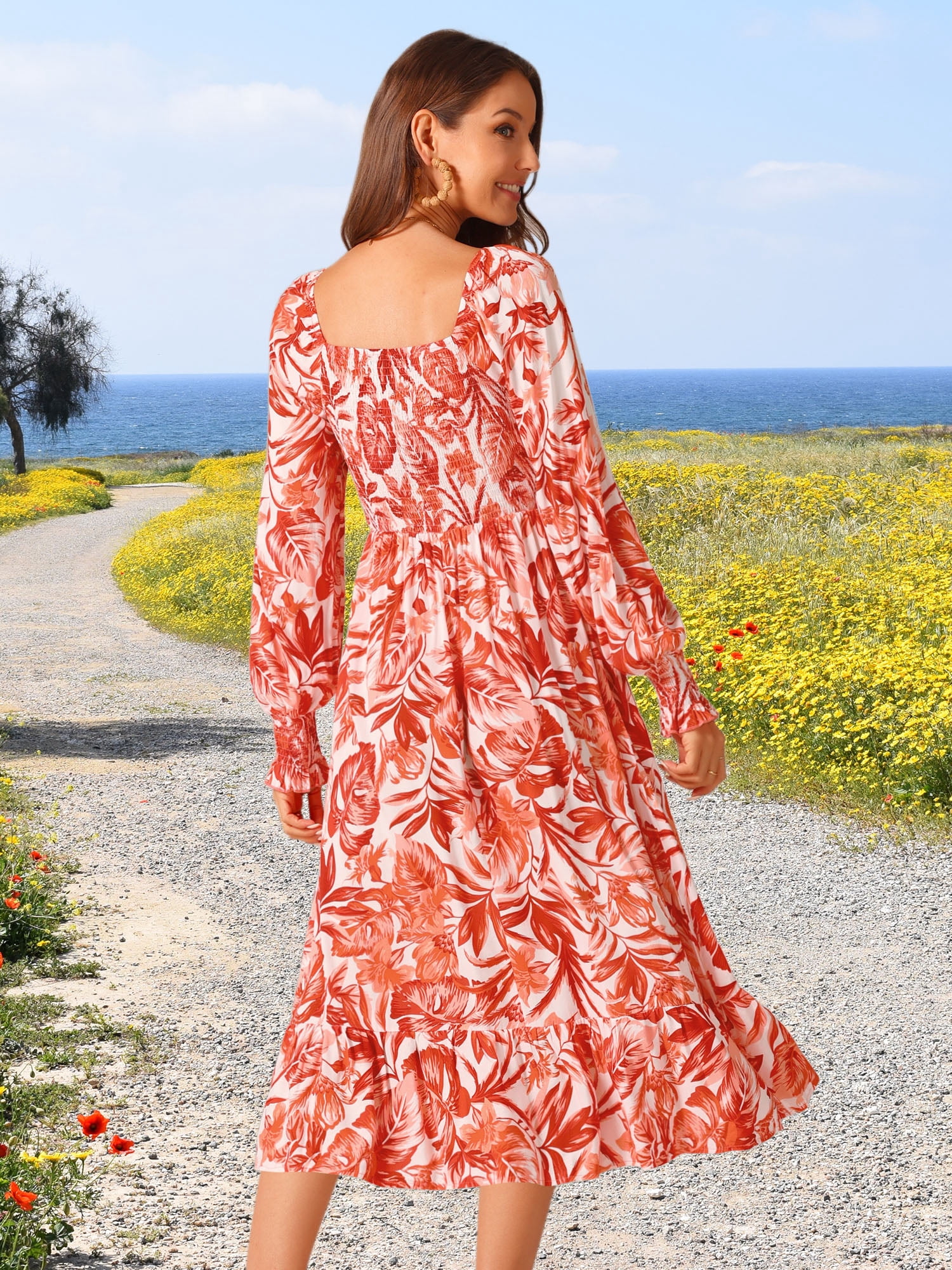 DARING DIVA Floral Square Neck Smocked Midi Dress L Orange