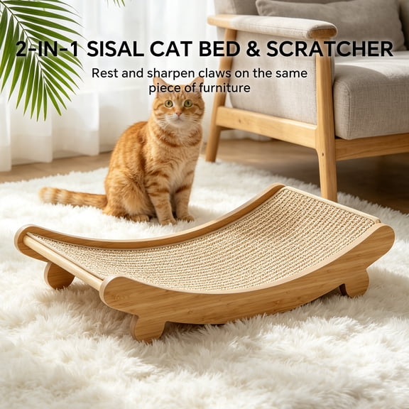 Sisal Cat Scratcher Bed, Indoor Wooden Cat Furniture Cat Hammock for Scratching Pad and Lounge, 19.29*12.6*5.12in
