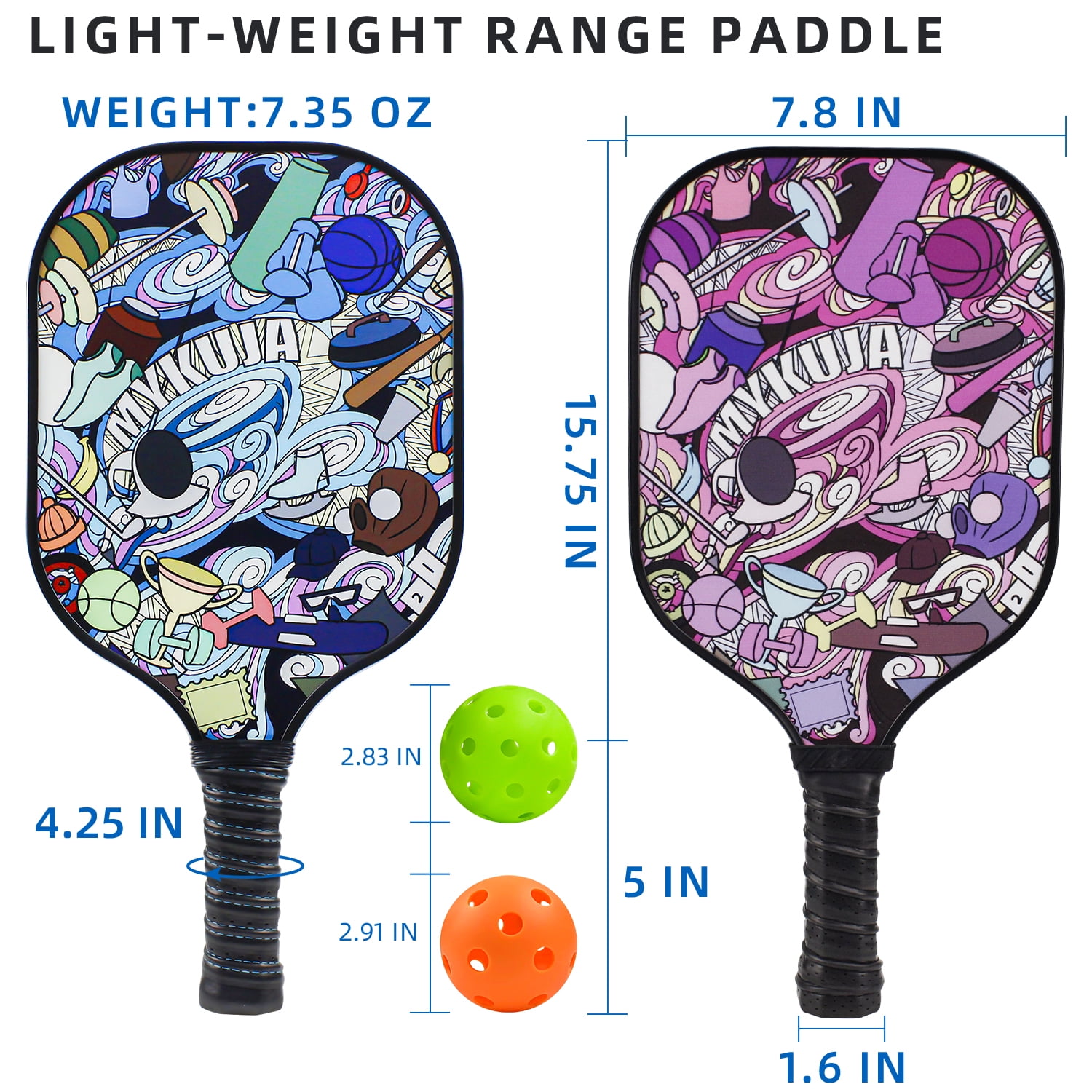 MYKUJA Pickleball Paddles Set of 2 Paddles,4 Pickleball Balls, Lightweight Fiberglass Surface&Honeycomb Core Pickleball Set Gifts for Men Women