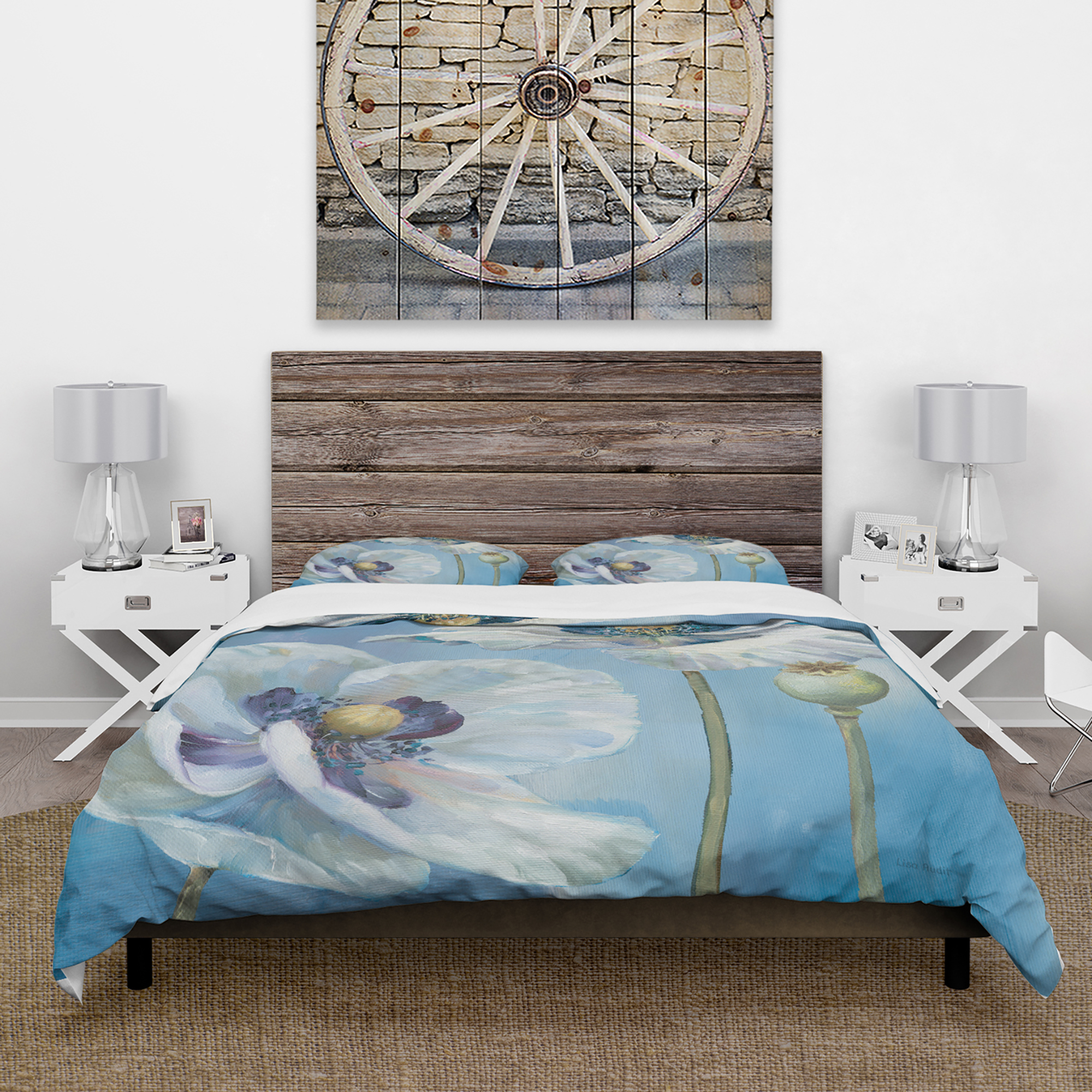 Designart 'White Flower on Blue I' Cottage Duvet Cover Set