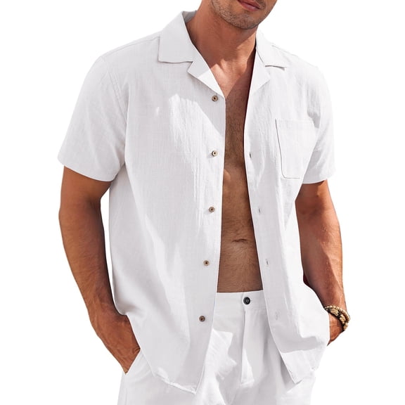 COOFANDY Mens Short Sleeve Button Down Shirts Linen Beach Shirt Holiday Resort Wear