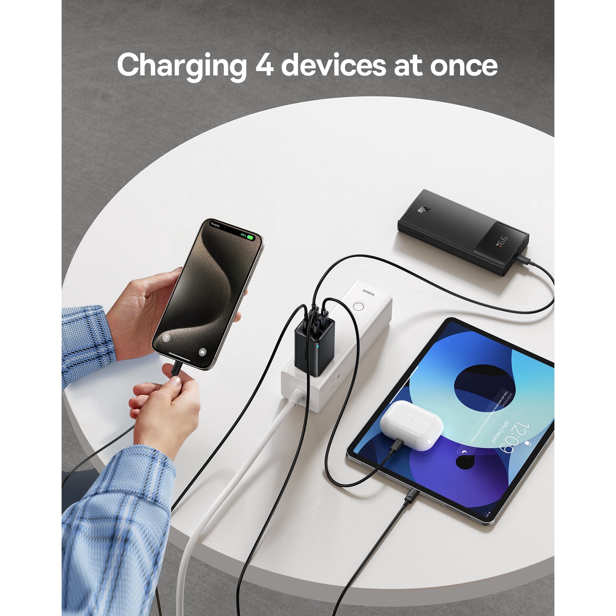 Baseus USB Charger, 65W Wall Charger with USB C Cable, Fast Charging 4-Port, Black